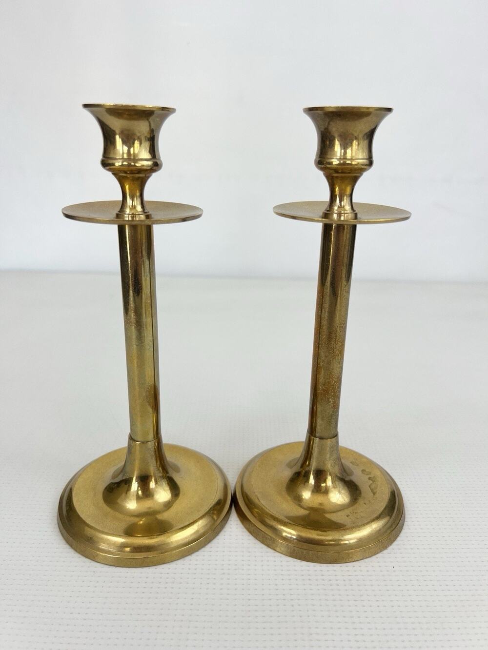 2 Vintage Brass Round Bottom Candlestick Holders Matching 8" India Patina MCM